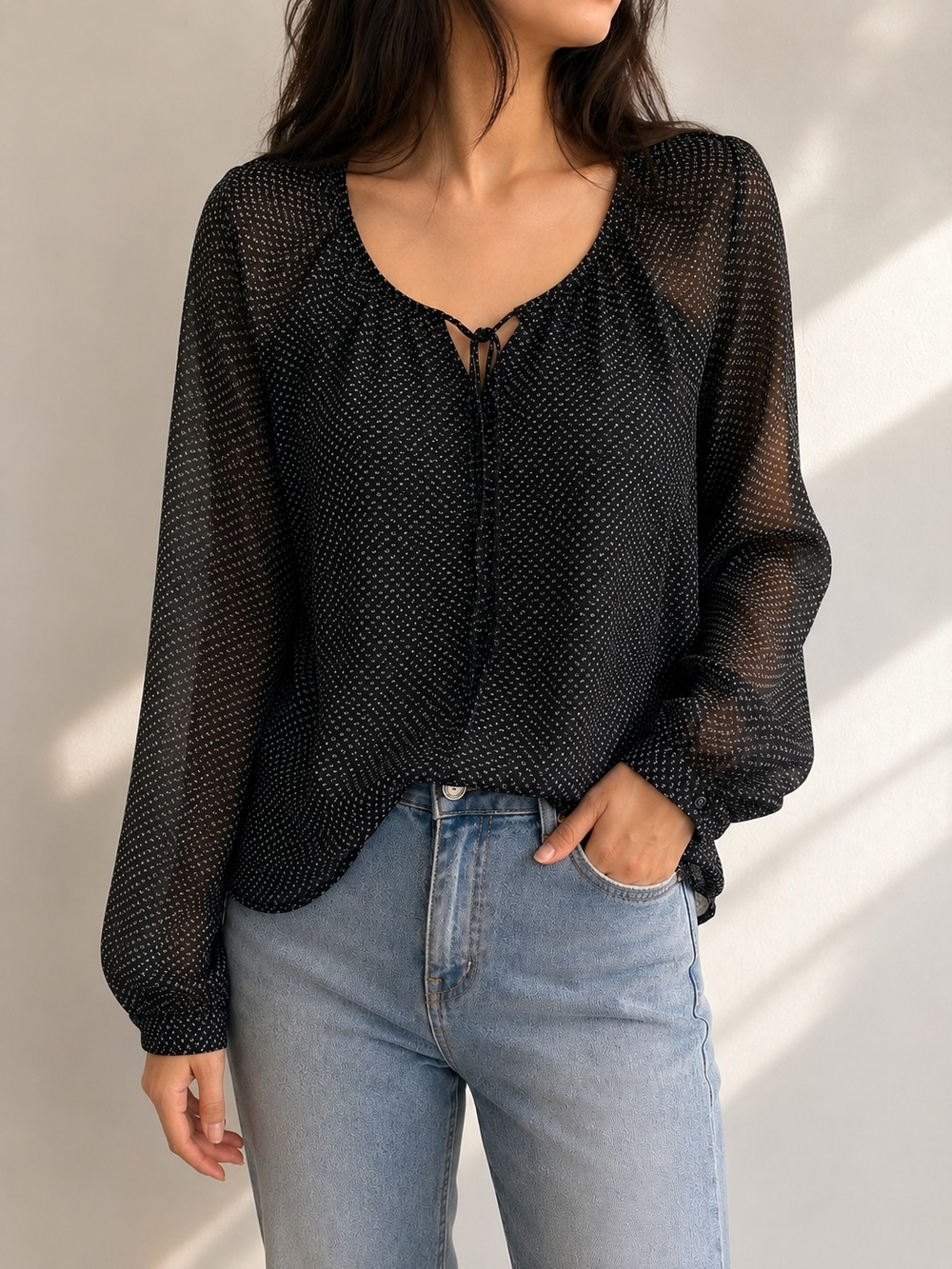 Old Navy Black Sheer Micro Print Long Sleeve Blouse Top – Size Large